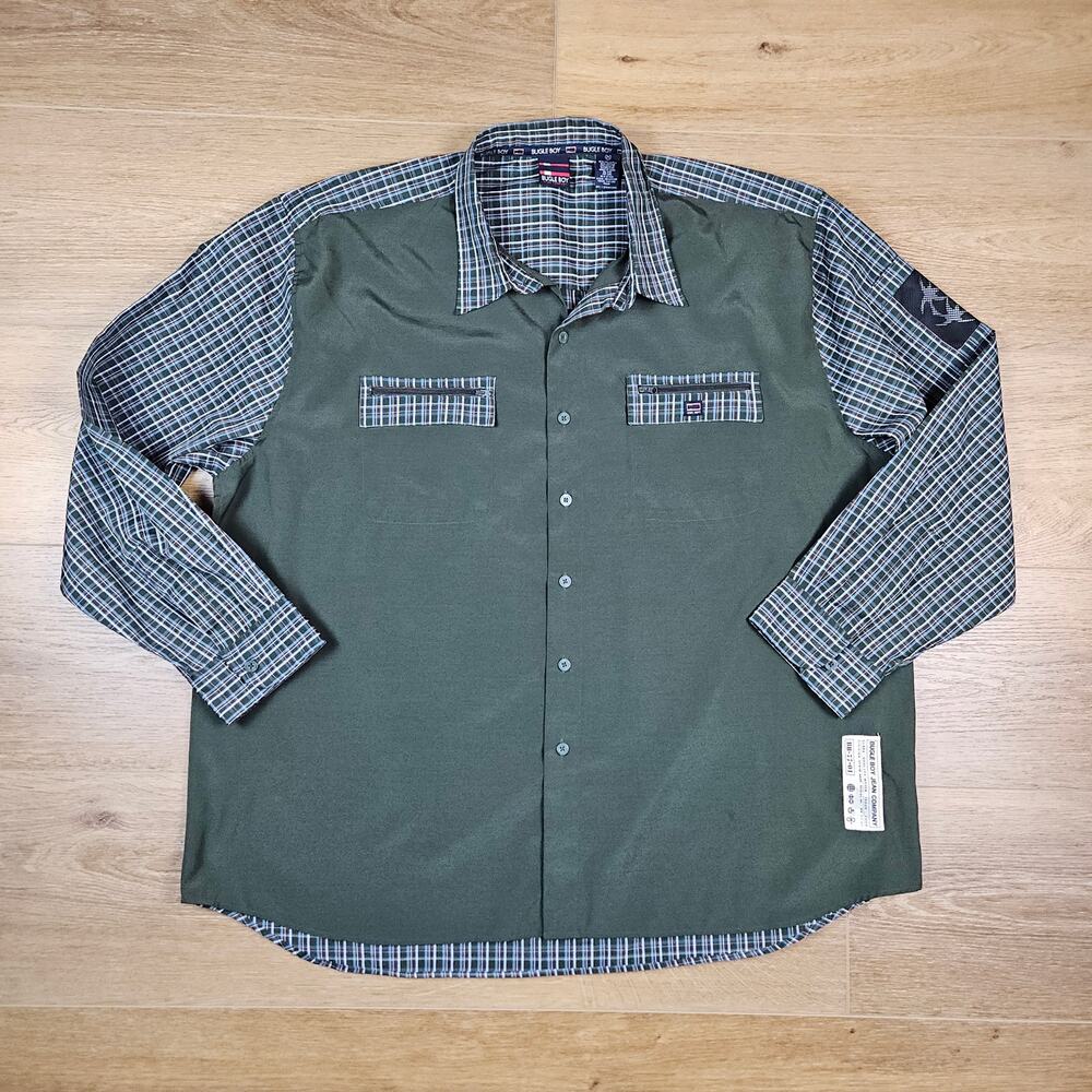Vintage Bugle Boy Long Sleeve Shirt Mens 2XL Green Plaid Colorblock Utility Y2K